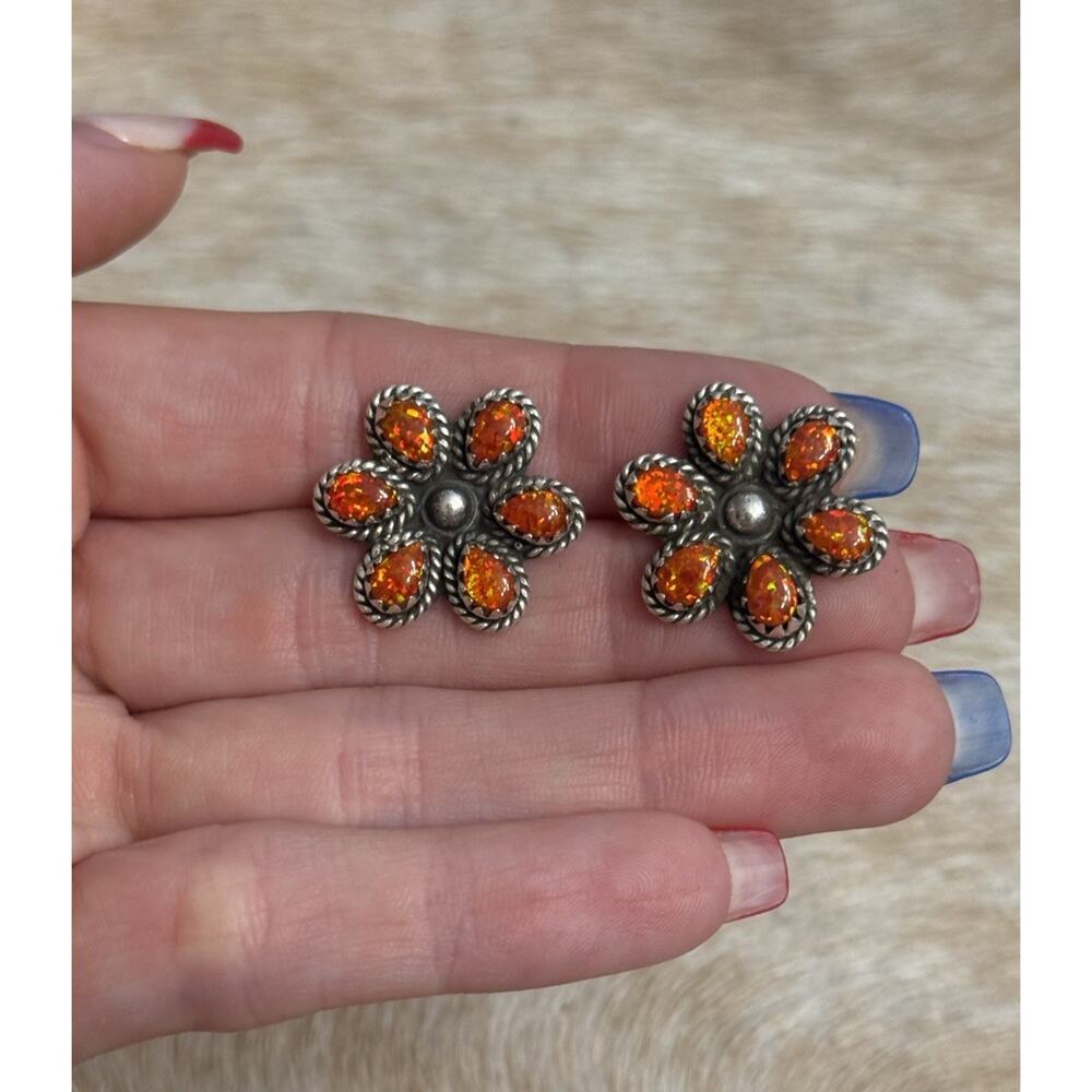 Native American Sterling Silver Orange Opal Flower Cluster Post Stud Earrings